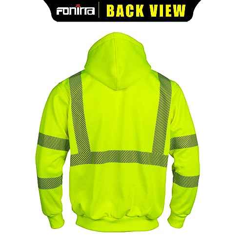 FONIRRA High Visibility Safety Work Hoodie for men Construction Hi Vis Reflective Fleece Sweatshirt with Zipper ANSI Class 3