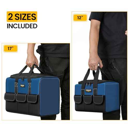 2 Pack Tool Bag for Men, 12 Inch & 17 Inch Heavy Duty Open Top Tool Bag with 5 Pockets for Electrician Tool Bags, Maintenance Workers, Plumbers, Household use