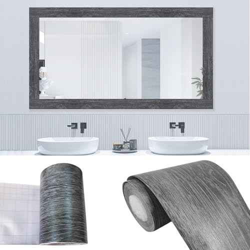 32.8 Feet Peel and Stick Dark Gray Wood Grain 10M Wallpaper Border Removable PVC Waterproof Wallpaper,Bathroom Mirror Frame Border Sticker Wall Decer (1.97inch)