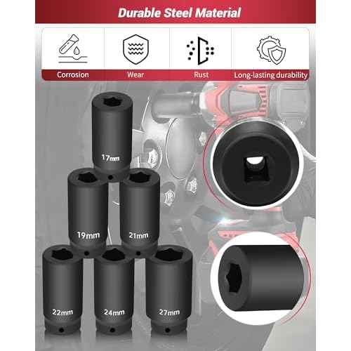 1/2¡¯¡¯ Drive Crank Bolt Socket Set, weighted socket set 6 Pack 17MM, 19MM, 21MM, 22MM, 24MM, 27MM, Harmonic Balancer Socket Set, 3 Times Momentum Power of Standard Impact Sockets