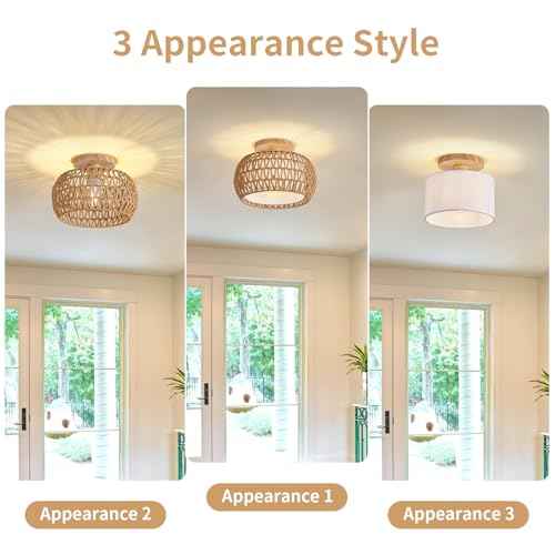 Rattan Ceiling Light Fixture£¬3 Style Options Boho Flush Mount Ceiling Lights, Hand-Woven Rattan Chandelier,Mini Bohemian Wicker Light Fixtures, Farmhouse Light Fixture for Bedroom Hallway Entryway