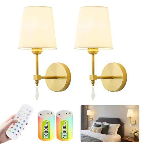 Wireless Wall sconces Set of Two,10000 Mah Battery Operated Wall Sconce with Remote,Dimmable 12 RGBS Rechargeable Wall Sconce,Cordless sconces wall decor set of 2 for Living Room,Bedroom (Gold)