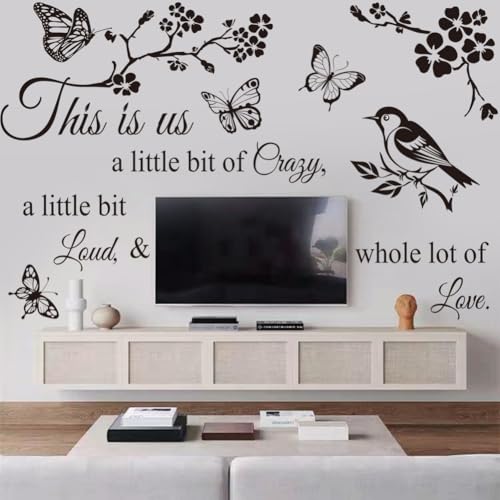CASADECOR This Is Us Black 'A Little Bit of Crazy, A Little Bit Loud & Whole Lot of Love' Floral Nature Elements Letter Print Indoor Weatherproof PVC Rectangular Wall Sticker
