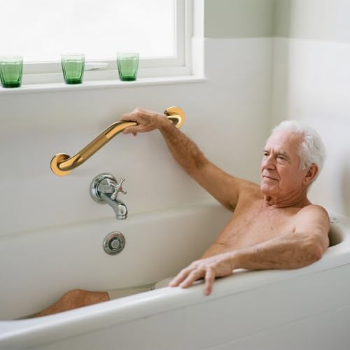 2 Pack 16 Inch Munzong Shower Grab Bars for Seniors, Gold Angled Anti Slip Grab Bars for Bathtubs and Showers Safety Hand Rail Support Handicap Elderly Injury Senior Assist Bath Handle