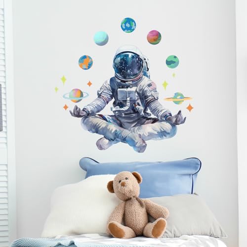 Yoga Astronaut and Planet Star Wall Decals Nursery Preschool Large Wall Stickers for Kid Baby Boy Removable Peel and Stick Waterproof Wall Art Decor Stickers for Living Room Bedroom Playroom