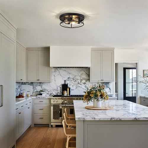 Farmhouse Light Fixtures, Black Round Metal Flush Mount Ceiling Light, 3-Light Cage Ceiling Lamp for Kitchen, Foyer, Bedroom, Hallway£¨Bulbs Not Included£©