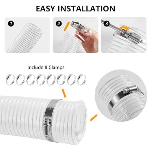 2 1/2" x 30' PVC Dust Collection Hose, Puncture Resistant Fume Collection Hose with 8 Pieces Stainless Steel Clamps, Clear Dust Collector for Woods Debris