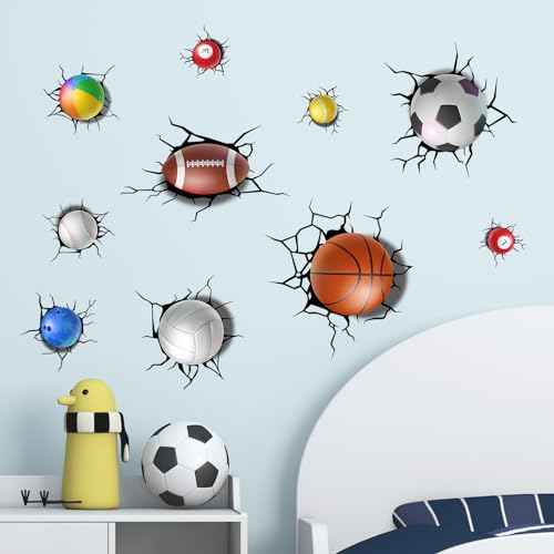 Supzone 3D Broken Sport Wall Decals Basketball Football Baseball Soccer Wall Sticker Removable Sports Break Through The Wall Artwork Decor for Kids Boys Bedroom Living Room Baby Nursery Playroom