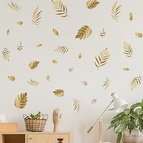 Gold Leaf Wall Decals - Peel & Stick Botanical Leaf Wall Stickers for Living Room & Bedroom