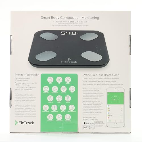 FitTrack Dara Smart BMI Digital Scale - Measure Weight and Body Fat - Most Accurate Bluetooth Glass Bathroom Scale (Black)