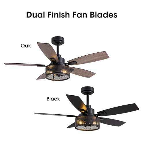 46 Inch Ceiling Fans with Lights and Remote Control, Farmhouse Ceiling Fan for Bedroom Living Room and Patio, Black Caged Ceiling Fan for Indoor and Outdoor
