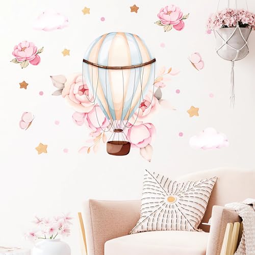 Pink Peony Rose Hot Air Balloon Star Flower Wall Stickers, sacinora Cartoon DIY Art Wall Decals Removable Vinyl Peel and Stick for Kids Baby Girl Nursery Living Room Bedroom Children's Room Playroom