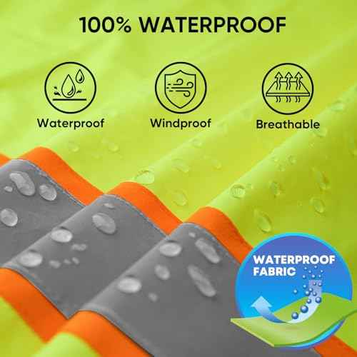 TICONN Reflective Rain Coat, Waterproof Hi Vis Safety Rain Jacket, Heavy Duty ANSI Class 3 High Visibility Trench Coat