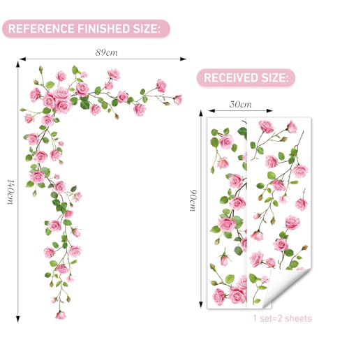 SHUCHING Pink Rose Wall Stickers Peel and Stick, Flower Wall Decals, Vinyl Art for Girl Bedroom Living Room Sofa Backdrop TV Wall Decor