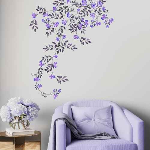 Supzone Purple Vine Flowers Wall Decal Hanging Vine Branch Floral Wall Stickers Self-Adhesive Wall Art Decor for Living Room Bedroom, Office, Sofa, TV Backdrop Home Decor