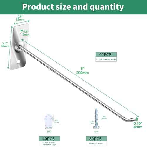 40 Pcs 8"/20CM Stainless Steel Wall Mounted Hooks with Protective Caps and Screws, Coat Bag Hat Utility Hook, Garage Tools Storage Organizer & Hanger for Office Kitchen Home Shop
