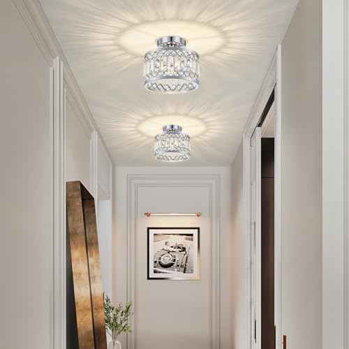 Crystal Ceiling Light Fixture, Modern Semi Flush Mount Ceiling Light, Chrome Lighting Fixtures Ceiling Lamp for Hallway, Kitchen, Entryway, Bedroom, Laundry Room, 9.05 Inch