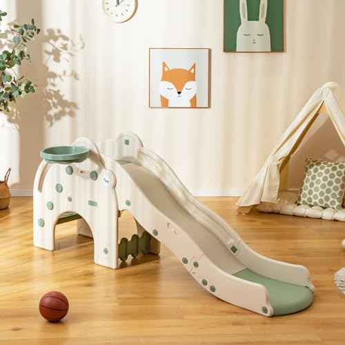 BABY JOY Toddler Slide, Elephant Shape Large Slide for Kids with Basketball Hoop, Buffer Zone & Non-Slip Steps, Freestanding Kids Slide Set for Indoors Boys Girls Over 18 Months Old Gifts Present