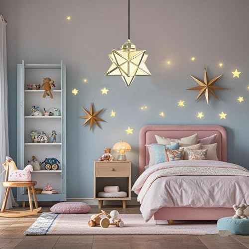 Gold Moravian Star Pendant Light with Brass Shade,16.5ft Plug-in Hanging Light Fixture with Switch, Farmhouse Brass Lighting for Kitchen Island, Bedroom, Hallway, Porch (LED Bulb Included)