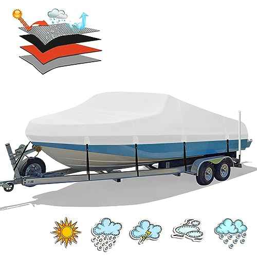 Heavy Duty 1200D PU Waterproof Boat Cover, 17'- 19' Trailerable Marine Grade Polyester Canvas, Fits 17-19ft V-Hull, Tri-Hull, Fishing Boat, Runabout, Pro-Style Bass Boat with Tightening Strap