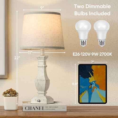 ROTTOGOON Dimmable Table Lamps Set of 2, Rustic Farmhouse Table Lamps for Living Room Bedroom, Bedside Desk Lamps for End Tables, Touch Lamps for Nightstand, 9W Bulbs Included, 22", Antique White