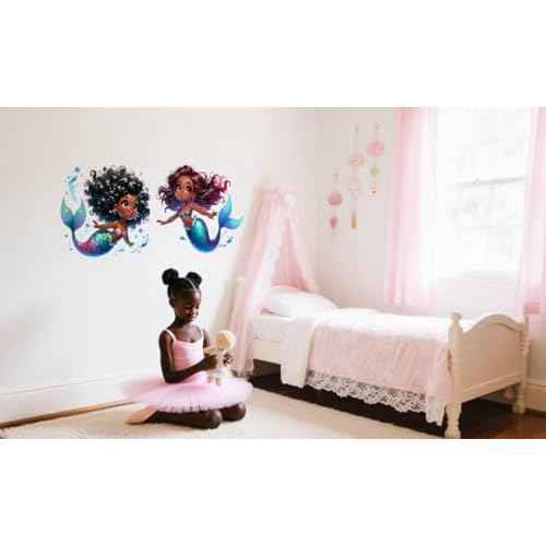 Black Mermaid Wall Decals, African American Girl Bedroom Wall Stickers,Waterproof Vinyl Removable Wall Decor for Black Baby Girl Nursery Kids Teens Room Home