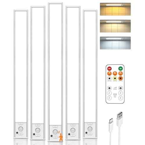 16in Under Cabinet Lighting Wireless, 160 LED Motion Sensor Light Indoor, Rechargeable Closet Lights with Remote Control, 3 Color Temps Under Counter Lights for Kitchen, Pantry, Stair, 5 Pack