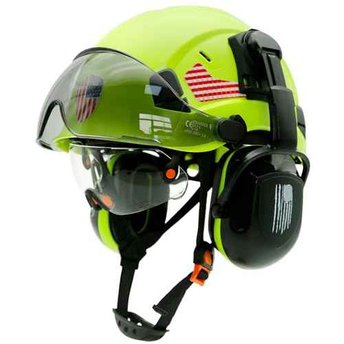 Construction Hard Hat with Visor and Hearing Protection-Green Safety Hardhat OSHA Approved with Face Shield and Visor and Ear Protection,Chainsaw/Forestry/Arborist Helmet with Chin Straps