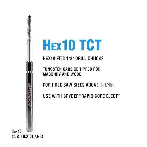 Spyder ¨ö-inch Hex10 TCT Hole Saw Pilot Bit, for Masonry and Wood, Compatible with Rapid Core Eject