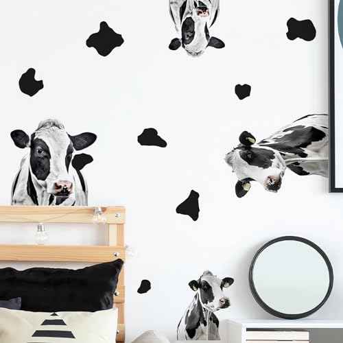 Funny Cows and Cow Print Wall Stickers, sacinora Modern Cow Spot DIY Wall Decals Removable Black Vinyl Peel and Stick for Living Room Bedroom Bathroom Door Furniture Nursery Art Home Decorations