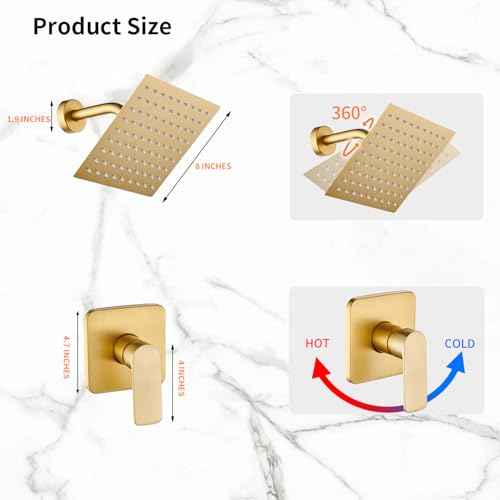 Brushed Gold Shower Faucet Single Function Trim Kit with Rough-in Valve Set Bath Rainfall Shower System 8inch Square Stainless Steel Metal Shower Head