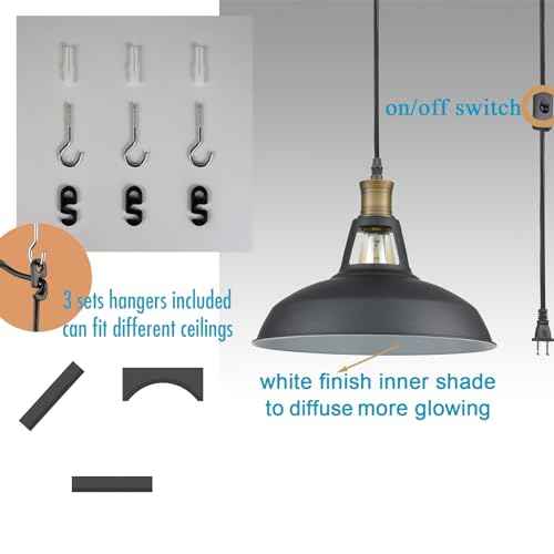 CLAXY Plug in Pendant Lights Adjustable Hanging Pendant Light Fixture with Black Barn Shade On/Off Switch Swag Pendant Lamp Set of 2