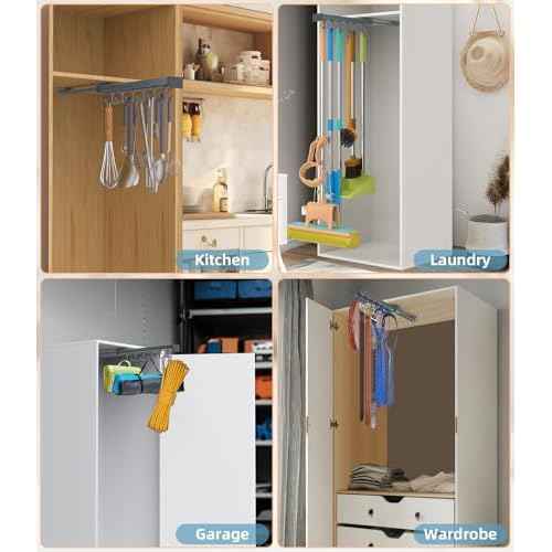 Pull Out Broom Holder, Multifunctional Slide Broom And Mop Storage/Organizer With Adjustable Double Row Sliding Hook, Garage Organization Hooks, for Closet Laundry Garage - Dark grey - 36cm