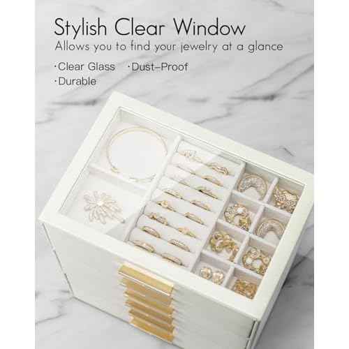Vlando 6 Layer Jewelry Box for Women, Glass Lid Jewelry Organizer with 6 Drawers for Necklaces Rings Earrings Bracelets - Cloud White