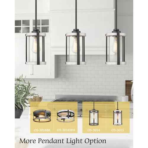 Farmhouse Pendant Light Fixtures, 1-Light Rustic Oak White Pendant Light Fixtures, Mini Glass Hanging Lighting with Rod for Kitchen Island Bar Bedroom, Adjustable Length, OS-3015