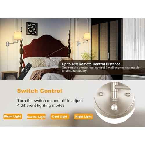 Plug in Wall Sconces with Remote Control, Dimming & Adjustable Colors 2700K-6500K, Hardwire or Plug-in, Swing Arm Wall Lamp with White Fabric Shade, Wall Sconces Set of Two, Brushed Nickel Finish