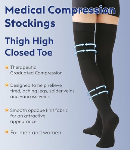 Thigh High Compression Stockings Closed Toe for Men & Women, Opaque, KEKING 15-20mmHg Graduated Compression Leg Support Hose with Silicone Band - Swelling, Varicose Veins, Edema, DVT, Black Small