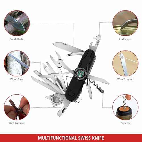 Swiss Eagle 30-in-1 Classic Swiss Pocket Knife with Compass, Premium Multi Tool Pocket Knife with Large Blade, Scissor, Screwdriver, Plier, Magnifying Glass, Tweezer for Gifts - Black