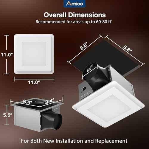 Amico Bathroom Exhaust Fan with Light, 80 CFM, 0.9 Sones, 1000LM, 5CCT, Easy Install, Ceiling Mount Shower Bathroom Fan, Adjustable Exhaust Vent with light, UL Certified