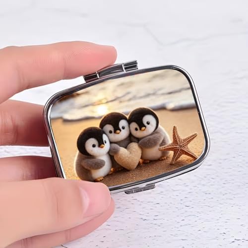 Penguin Pill Box 2 Compartment Small Pill Case for Purse & Pocket Travel Portable Metal Medicine Box to Hold Vitamins Medication Fish Oil Supplements Penguin for Women Men (YH3872)