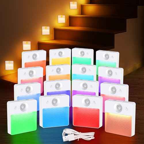 16 Pack Rechargeable Motion Sensor Stair Light for Indoor, RGBW Battery Operated Closet Lights, Stick On Night Lamp, Motion Activated Magnetic Lighting Lamps for Step,Cabinet,Hallway,Bathroom