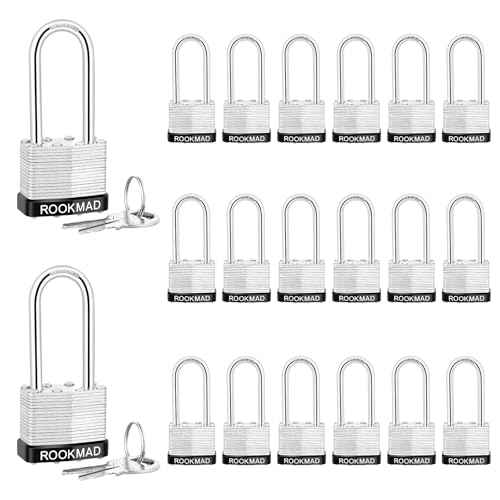 Keyed Padlocks, Laminated Steel Padlock, Keyed Alike Locks with Same Keys, Long Shackle, PE Plastic Hoop, The Lead Content of This Pad Lock complies with CA65, 20 Pack