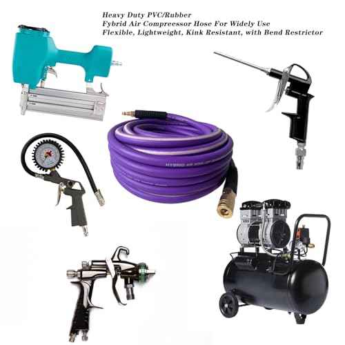 Air Hose 3/8 in x 100 ft, Heavy Duty, Lightweight, Kink Resistant, Hybrid Air Compressor Hose with 1/4 in Solid Brass Male Fittings, Bend Restrictors, 400 PSI(100FT, Purple White)