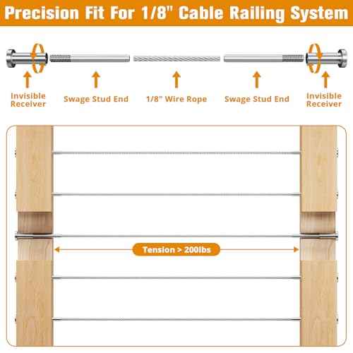 Invisible Cable Railing Kit - 50 Pack 1/8" T316 Stainless Steel Invisible Receiver Swage Stud End for 2"x2" Wood Metal Post - Deck Cable Railing Hardware