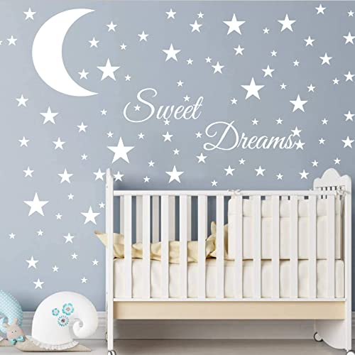 Stars and Moon Wall Decal with Sweet Dreams Quotes Wall Stickers Star Decals for Walls Nursery Wall Decal, White Vinyl Wall Moon Stars Removable Peel and Stick Wallpaper for Kids Girls Boys Bedroom