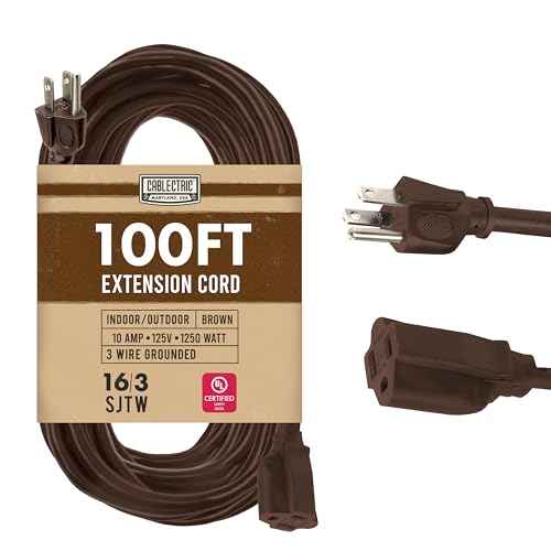 Brown 100' Extension Cord, 16/3 Heavy Duty Cable with 3 Prong Grounded Plug for Safety, 15 AMP for Garden, Lawn, Tools & Major Appliances, 100' Outdoor Extension Cord 3 Prong