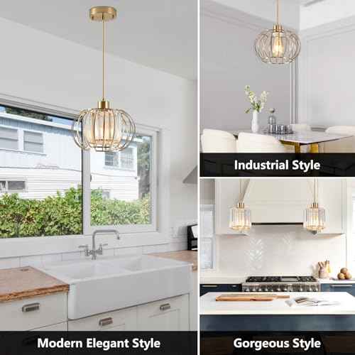 Gold Pendant Light Fixture, Modern Crystal Pendant Lights Kitchen Island, 1-Light Farmhouse Mini Chandelier, Adjustable Brass Hanging Light Fixture for Hallway, Bedroom, Dining Room