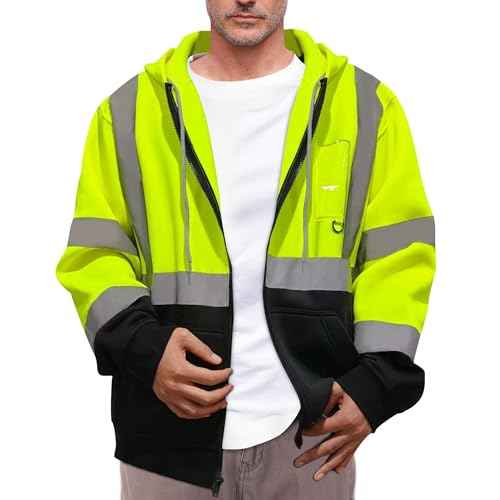 Hi Vis Hoodie for Men Zip up Reflective Sweatshirt Class 3 High Visibility Hoodie Safety Sweater with Black Bottom, Yellow, 4XL