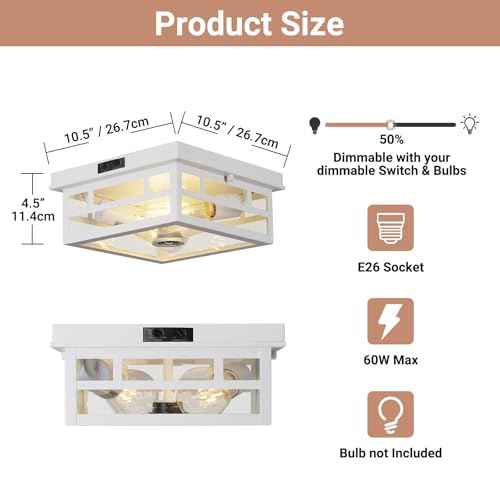 Outdoor Flush Mount Motion Sensor White Ceiling Light - Timeless Industrial Design with Seeded Clear Glass for Your Porch, Driveway, Covered Patio, Farmhouse, and Entryway