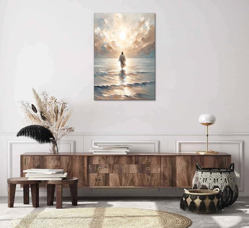 Jesus Walking on Water Canvas Wall Art Christian Bible Stories Wall Decor Pictures Modern Religious Posters Prints for Living Room Bedroom Church Home Decorations 12inx16in Ready to Hang